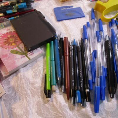 Sale Photo Thumbnail #13: Birthday & other greeting cards, note pads, Calculator, scissors, pencils, mechanical pencils, lead, pedometer, posti-it flags, tape, pens, etc. Pens are tested and they work.