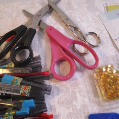 Sale Photo Thumbnail #10: Birthday & other greeting cards, note pads, Calculator, scissors, pencils, mechanical pencils, lead, pedometer, posti-it flags, tape, pens, etc. Pens are tested and they work.