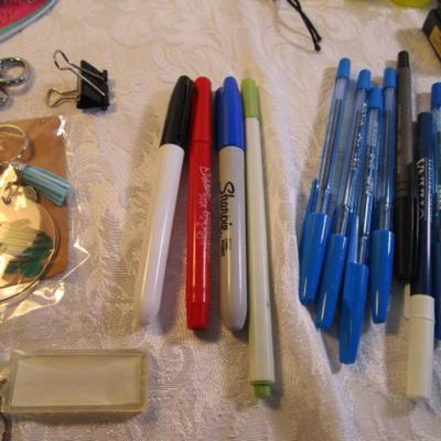 Sale Photo Thumbnail #37: Pencils, pens, tape, post-it notes, new stamp pads, mini calculator, china markers, key chains, note pads. Pens are tested and they work.