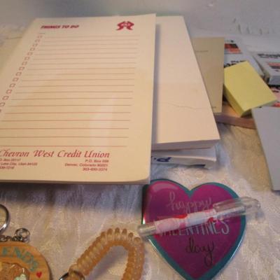 Sale Photo Thumbnail #32: Pencils, pens, tape, post-it notes, new stamp pads, mini calculator, china markers, key chains, note pads. Pens are tested and they work.