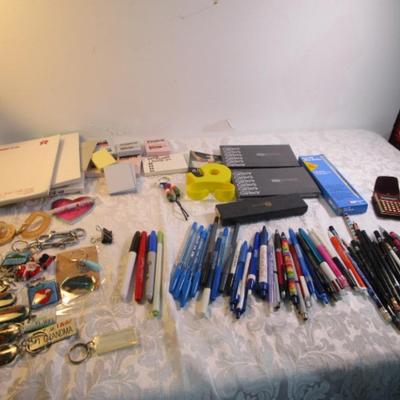 Sale Photo Thumbnail #27: Pencils, pens, tape, post-it notes, new stamp pads, mini calculator, china markers, key chains, note pads. Pens are tested and they work.