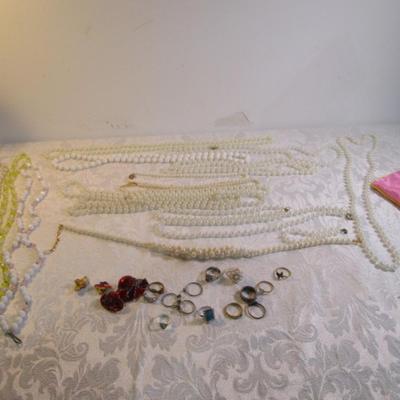 Sale Photo Thumbnail #62: Vintage rings, clip-on earrings, necklaces, bracelet, beaded lanyards. See pictures