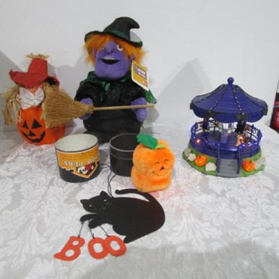 Sale Photo Thumbnail #80: Talking, moving & singing witch takes 3 AA batteries not included; musical, lighted & moving Halloween carousel takes 4 AA batteries not included; metal black cat; Boo-pers makes creepy noise; scarecrow pumpkin