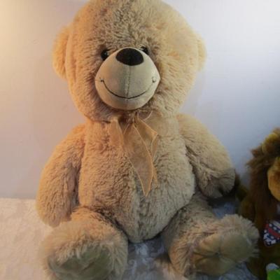 Sale Photo Thumbnail #382: Rory is 9" tall & takes 2 AA batteries not included, biggest bear is 20" tall, breast cancer bear is 6-1/2", the green bear is 5-1/2", Monkey is 11" tall & has a tag  See pictures