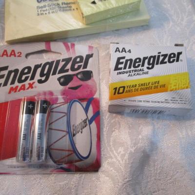 Sale Photo Thumbnail #539: 12 white 5" x 7" legal pads, 4 Post-it 4" x 6" lined pads, 4 AA batteries good to 2034, 2 AAA batteries good to 2030, index cards 4 x 6, 1 post-it 3" x 5" pad, 1 Post-it 2" x 3" pads, Cross pen in case, 2 boxes of staples, 1 roll shipping tape, 1 letter o