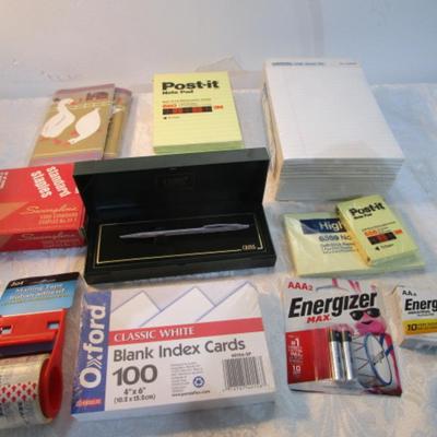 Sale Photo Thumbnail #536: 12 white 5" x 7" legal pads, 4 Post-it 4" x 6" lined pads, 4 AA batteries good to 2034, 2 AAA batteries good to 2030, index cards 4 x 6, 1 post-it 3" x 5" pad, 1 Post-it 2" x 3" pads, Cross pen in case, 2 boxes of staples, 1 roll shipping tape, 1 letter o