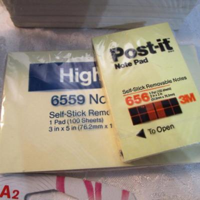 Sale Photo Thumbnail #540: 12 white 5" x 7" legal pads, 4 Post-it 4" x 6" lined pads, 4 AA batteries good to 2034, 2 AAA batteries good to 2030, index cards 4 x 6, 1 post-it 3" x 5" pad, 1 Post-it 2" x 3" pads, Cross pen in case, 2 boxes of staples, 1 roll shipping tape, 1 letter o