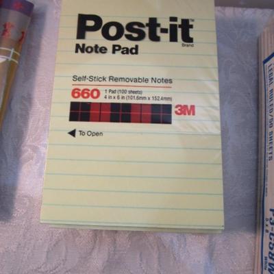 Sale Photo Thumbnail #542: 12 white 5" x 7" legal pads, 4 Post-it 4" x 6" lined pads, 4 AA batteries good to 2034, 2 AAA batteries good to 2030, index cards 4 x 6, 1 post-it 3" x 5" pad, 1 Post-it 2" x 3" pads, Cross pen in case, 2 boxes of staples, 1 roll shipping tape, 1 letter o