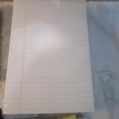Sale Photo Thumbnail #541: 12 white 5" x 7" legal pads, 4 Post-it 4" x 6" lined pads, 4 AA batteries good to 2034, 2 AAA batteries good to 2030, index cards 4 x 6, 1 post-it 3" x 5" pad, 1 Post-it 2" x 3" pads, Cross pen in case, 2 boxes of staples, 1 roll shipping tape, 1 letter o