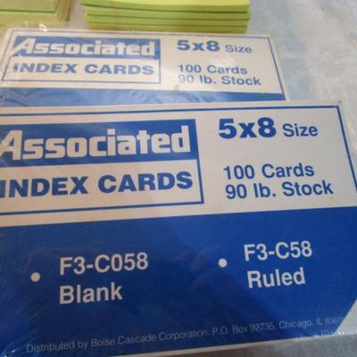 Sale Photo Thumbnail #547: 7 yellow 5" x 7" legal pads 3 Post-it 4" x 6" lined pads, 2 boxes of staples, 1 box 3.62" x 6.5" security envelopes, 2 pkg (100 ea) plus 66 loose 4" x 6"  index  cards, 2 rolls shipping tape, 3 pkg index dividers, ruler, clipboard, wirebound notebook