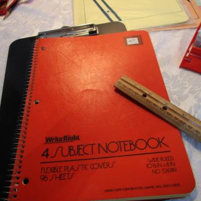 Sale Photo Thumbnail #554: 7 yellow 5" x 7" legal pads 3 Post-it 4" x 6" lined pads, 2 boxes of staples, 1 box 3.62" x 6.5" security envelopes, 2 pkg (100 ea) plus 66 loose 4" x 6"  index  cards, 2 rolls shipping tape, 3 pkg index dividers, ruler, clipboard, wirebound notebook