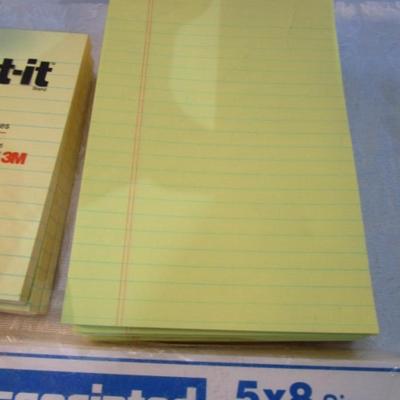Sale Photo Thumbnail #548: 7 yellow 5" x 7" legal pads 3 Post-it 4" x 6" lined pads, 2 boxes of staples, 1 box 3.62" x 6.5" security envelopes, 2 pkg (100 ea) plus 66 loose 4" x 6"  index  cards, 2 rolls shipping tape, 3 pkg index dividers, ruler, clipboard, wirebound notebook