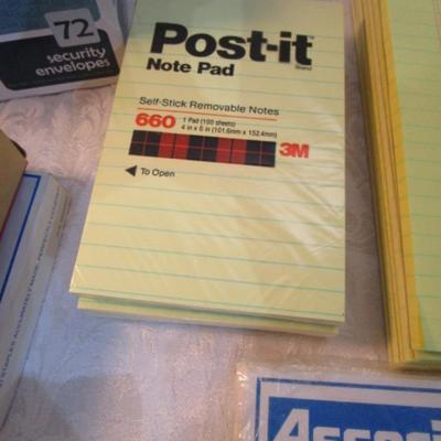 Sale Photo Thumbnail #549: 7 yellow 5" x 7" legal pads 3 Post-it 4" x 6" lined pads, 2 boxes of staples, 1 box 3.62" x 6.5" security envelopes, 2 pkg (100 ea) plus 66 loose 4" x 6"  index  cards, 2 rolls shipping tape, 3 pkg index dividers, ruler, clipboard, wirebound notebook
