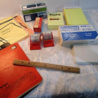 Sale Photo Thumbnail #545: 7 yellow 5" x 7" legal pads 3 Post-it 4" x 6" lined pads, 2 boxes of staples, 1 box 3.62" x 6.5" security envelopes, 2 pkg (100 ea) plus 66 loose 4" x 6"  index  cards, 2 rolls shipping tape, 3 pkg index dividers, ruler, clipboard, wirebound notebook