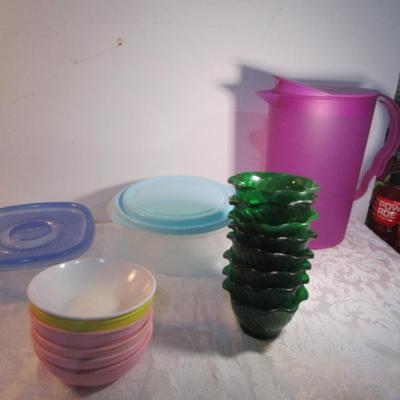 Sale Photo Thumbnail #564: 6 mini bowls, 8 green sundae dishes, 1 Tupperware 2-liter pitcher, 2 plastic containers with  lids, see pictures