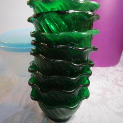 Sale Photo Thumbnail #566: 6 mini bowls, 8 green sundae dishes, 1 Tupperware 2-liter pitcher, 2 plastic containers with  lids, see pictures