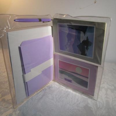 Sale Photo Thumbnail #616: 1 hinge-lid plastic container, stationery kit, greeting cards & Christmas cards, 2 new pkg Acrylic gems (blue & red), teal glass gems, 6' measuring tape, compass, 20 fine markers, 2 pens, container of safety pins