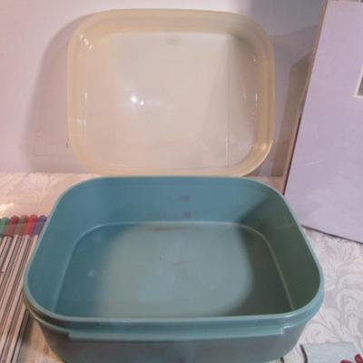 Sale Photo Thumbnail #606: 1 hinge-lid plastic container, stationery kit, greeting cards & Christmas cards, 2 new pkg Acrylic gems (blue & red), teal glass gems, 6' measuring tape, compass, 20 fine markers, 2 pens, container of safety pins