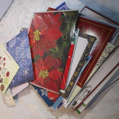 Sale Photo Thumbnail #614: 1 hinge-lid plastic container, stationery kit, greeting cards & Christmas cards, 2 new pkg Acrylic gems (blue & red), teal glass gems, 6' measuring tape, compass, 20 fine markers, 2 pens, container of safety pins