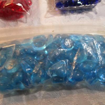 Sale Photo Thumbnail #603: 1 hinge-lid plastic container, stationery kit, greeting cards & Christmas cards, 2 new pkg Acrylic gems (blue & red), teal glass gems, 6' measuring tape, compass, 20 fine markers, 2 pens, container of safety pins