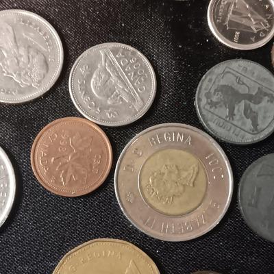 A COLLECTION OF MOSTLY FOREIGN COINS AND 2 OLD COIN PURSES