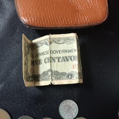 FOREIGN COINS AND PAPER CURRENCY PLUS A LEATHER COIN PURSE