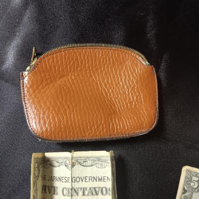 FOREIGN COINS AND PAPER CURRENCY PLUS A LEATHER COIN PURSE