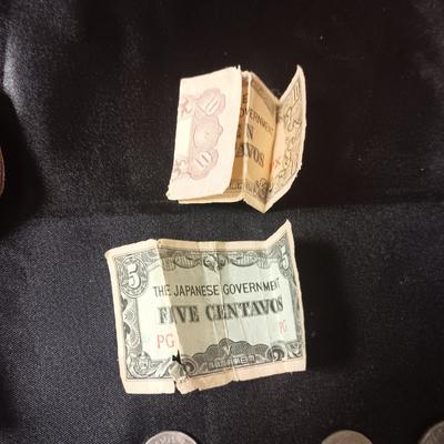 FOREIGN COINS AND PAPER CURRENCY PLUS A LEATHER COIN PURSE