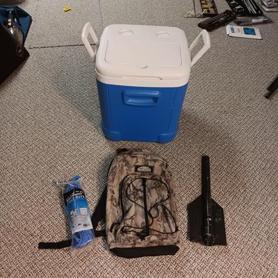 IGLOO COOLER, BACKPACK, POLY ROPE AND FOLDING SHOVEL