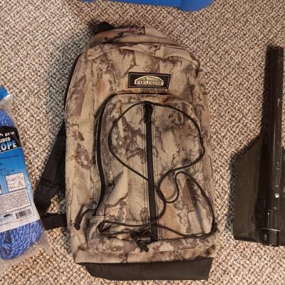 IGLOO COOLER, BACKPACK, POLY ROPE AND FOLDING SHOVEL