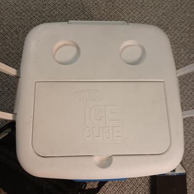 IGLOO COOLER, BACKPACK, POLY ROPE AND FOLDING SHOVEL