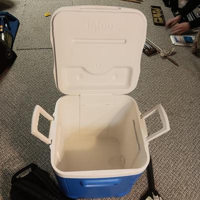 IGLOO COOLER, BACKPACK, POLY ROPE AND FOLDING SHOVEL