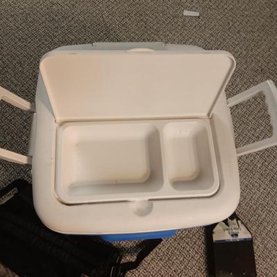 IGLOO COOLER, BACKPACK, POLY ROPE AND FOLDING SHOVEL