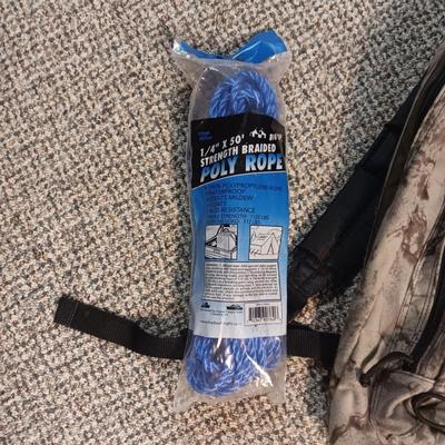 IGLOO COOLER, BACKPACK, POLY ROPE AND FOLDING SHOVEL