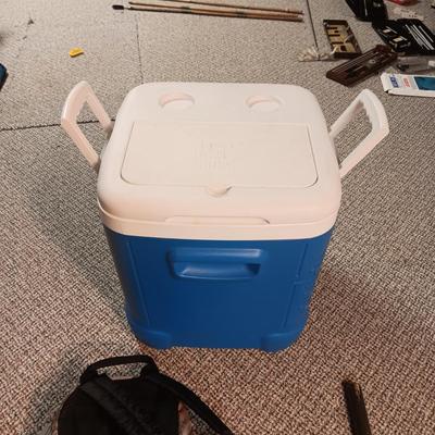 IGLOO COOLER, BACKPACK, POLY ROPE AND FOLDING SHOVEL