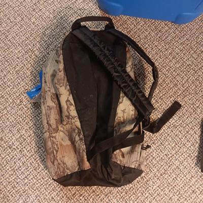 IGLOO COOLER, BACKPACK, POLY ROPE AND FOLDING SHOVEL