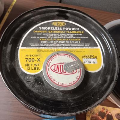 UNOPENED 12 LB DUPONT SMOKELESS POWDER, RELOADING GUIDES AND A SIEVE?
