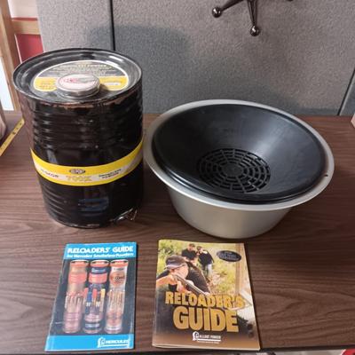 UNOPENED 12 LB DUPONT SMOKELESS POWDER, RELOADING GUIDES AND A SIEVE?