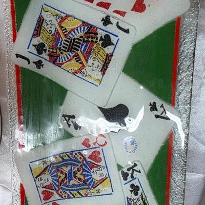 Peggy Karr Fused Art Glass Playing Cards Serving Tray & Joker Coaster Set – Handmade Vintage Card Design Glassware