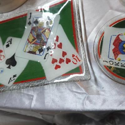 Peggy Karr Fused Art Glass Playing Cards Serving Tray & Joker Coaster Set – Handmade Vintage Card Design Glassware