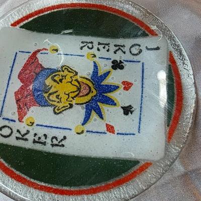 Peggy Karr Fused Art Glass Playing Cards Serving Tray & Joker Coaster Set – Handmade Vintage Card Design Glassware