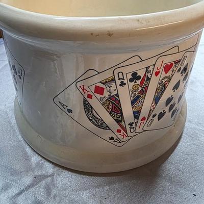Vintage Playing Card Ceramic Cachepot Planter Bowl – Poker Night Serving Dish – White Glazed Card Design Decor