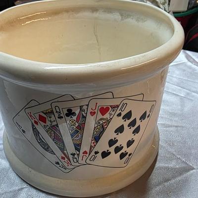 Vintage Playing Card Ceramic Cachepot Planter Bowl – Poker Night Serving Dish – White Glazed Card Design Decor