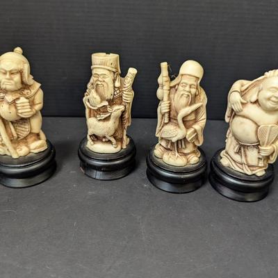 4 Chinese Gods Figurines Resin Paperweights On Pedestal