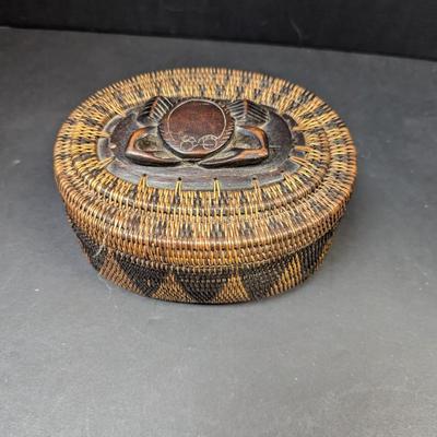 Vintage Woven Basket Rattan Carved Wood Crab