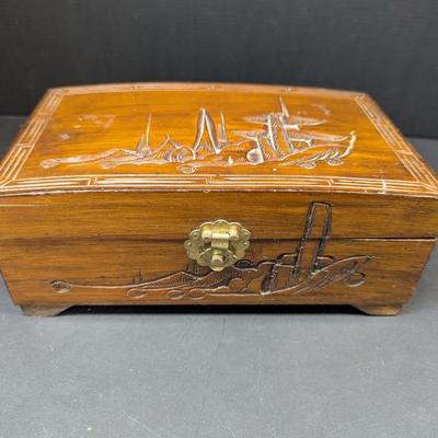 Vintage Chinese Carved Wooden Jewelry Box
