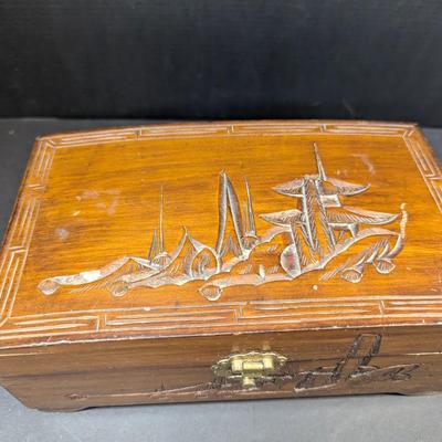 Vintage Chinese Carved Wooden Jewelry Box
