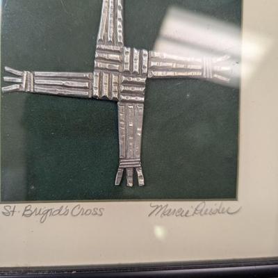 Marcie Preisler St. Brigid Cross Framed Pewter Sculpture Signed