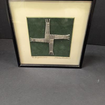 Marcie Preisler St. Brigid Cross Framed Pewter Sculpture Signed