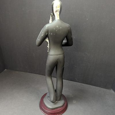 Black & Silver Resin Saxophone Player Sculpture Figure On A Cherry Stand